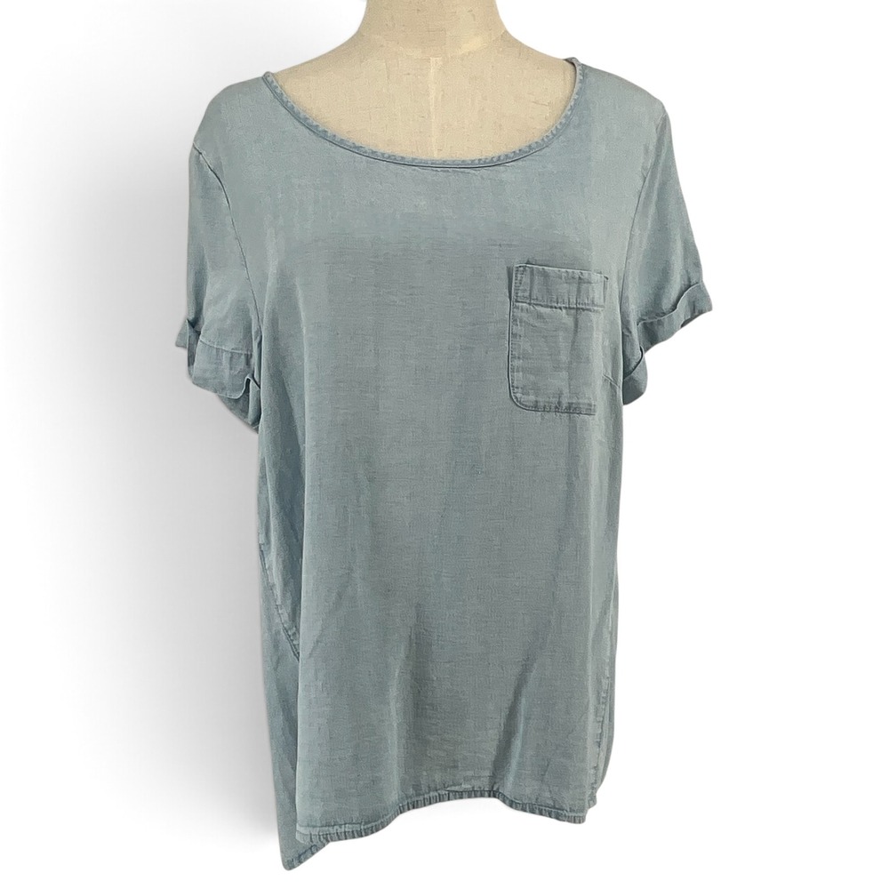 Eileen Fisher Organic Linen Scoop Neck Pocket Top Blue Grey Short Sleeve Large